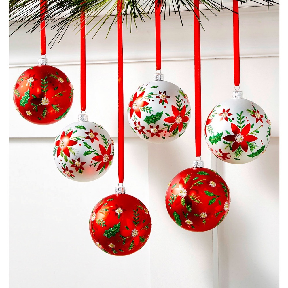 Christmas cheer Set of 6 Shatterproof white and Red Flower Pattern